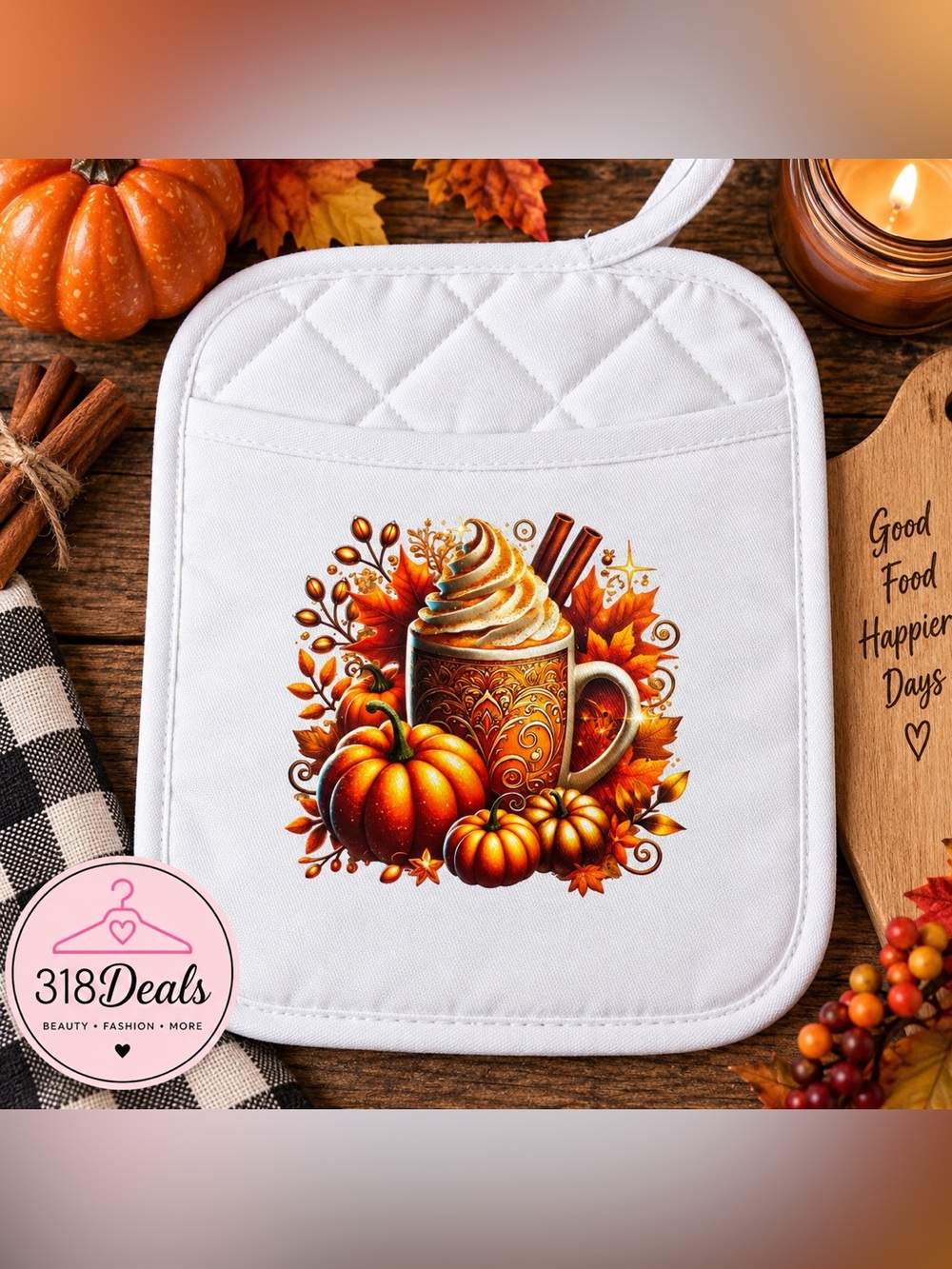 White Pumpkin Spice Mug Pot Holder with Fall Design